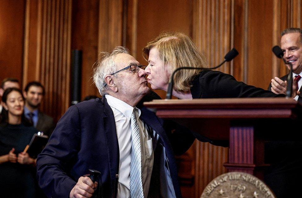 Former U.S Rep. Barney Frank is greeted by US Senator Tammy Baldwin during "The Respect for Marriage Act" bill enrolment ceremony at the U.S. Capitol in Washington, 8 December 2022