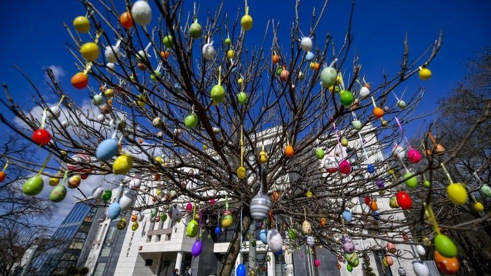 Easter Park decorated with lots of painted eggs