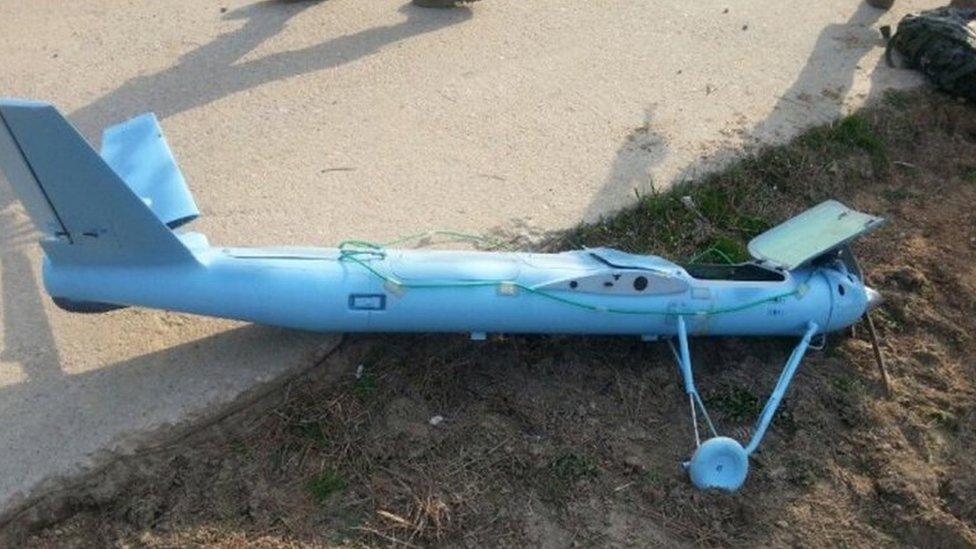 This picture released on 2 April 2014 shows wreckage of a crashed drone found on 31 March 2014 at South Korea's Baengnyeong island near the disputed waters of the Yellow Sea