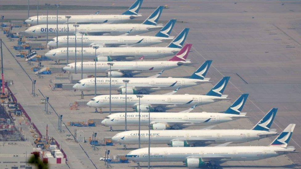 Cathay Pacific planes at Hong Kong airport