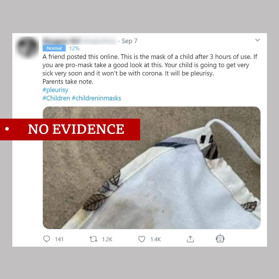 A Tweet claiming that masks cause pleurisy with the label "No evidence"