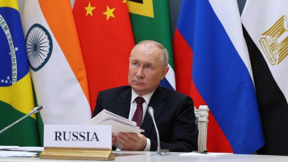 Russian President Vladimir Putin takes part in a virtual Brics summit in November 2023 in front of the flags of member countries