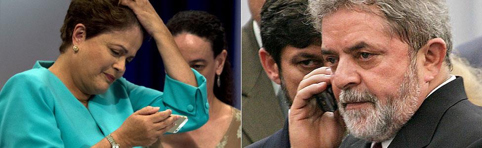 L: Brazil's President Dilma Roussef using her mobile; R: Former Brazilian President Luiz Inacio Lula da Silva on his phone - archive shots