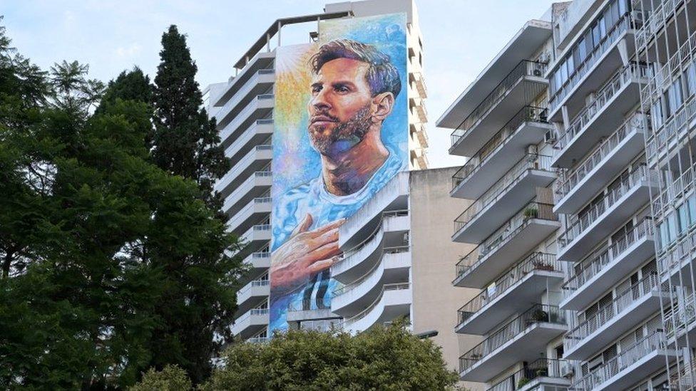 A general view shows a 69-metres mural depicting soccer super-star Lionel Messi, painted by artists Marlene Zuriaga and Lisandro Urteaga, at Messi's hometown, in Rosario, Argentina December 13, 2021