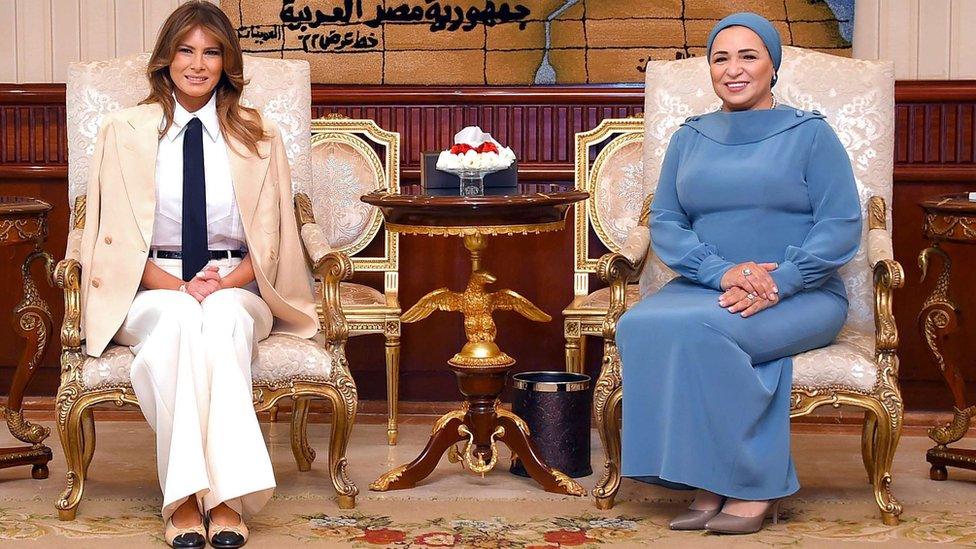 Egyptian President's wife Intissar Amer with US First Lady Melania Trump at the Ittihadia presidential Palace in the capital Cairo. 6 Oct 2018