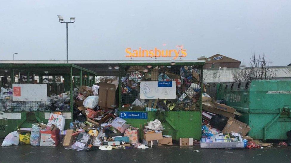 Recycling bins overflowing at Sainsbury's in Carlisle