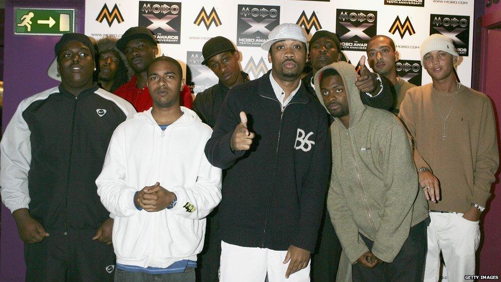 Roll Deep pose in front of arrivals board at the nominations and launch of the 2005 MOBO Awards