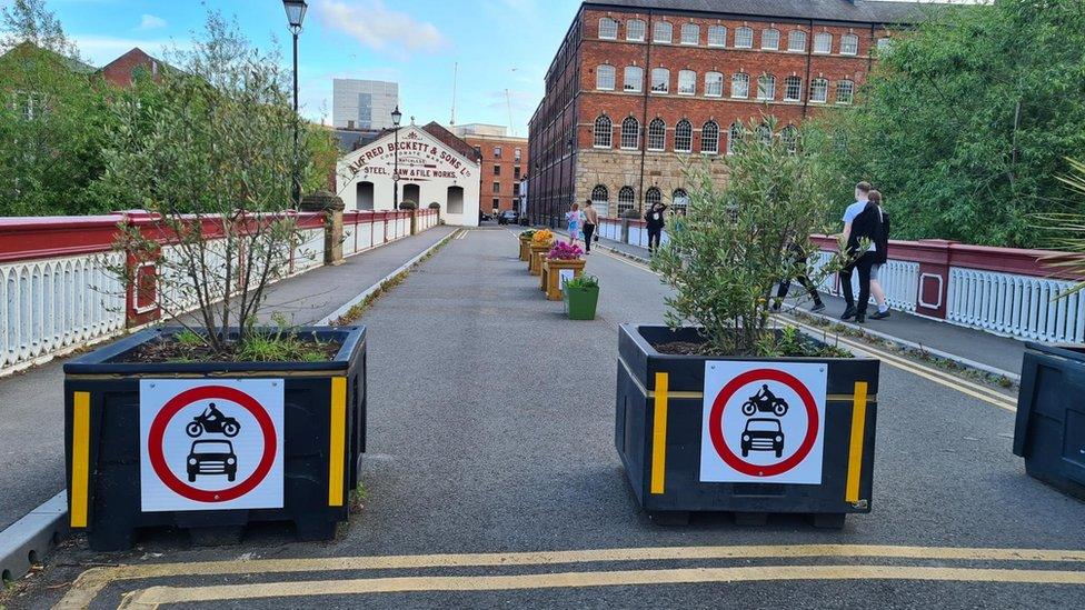 A bridge closed to traffic in Kelham Island, Sheffield as part of a Low Traffic Neighbourhood