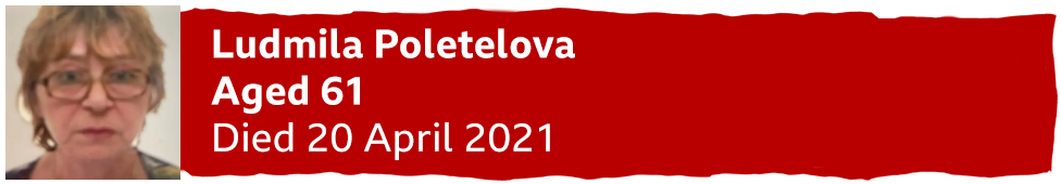 A banner with a photo of Ludmila Poletelova reading "aged 61, died 20 April 2021"