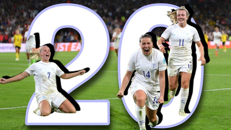 England celebrate in front of a big 20.