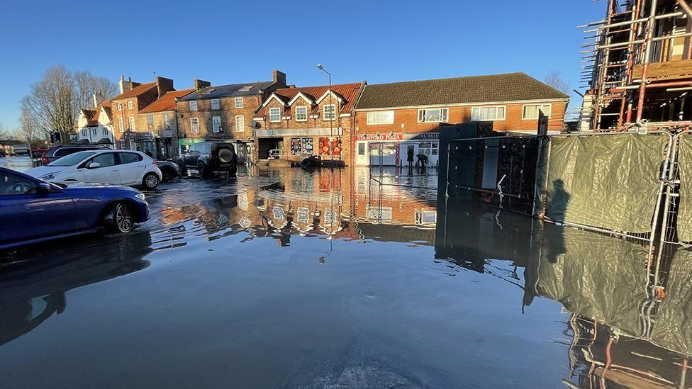 Flood waters in the main square in Stamford Bridge in East Yorkshire