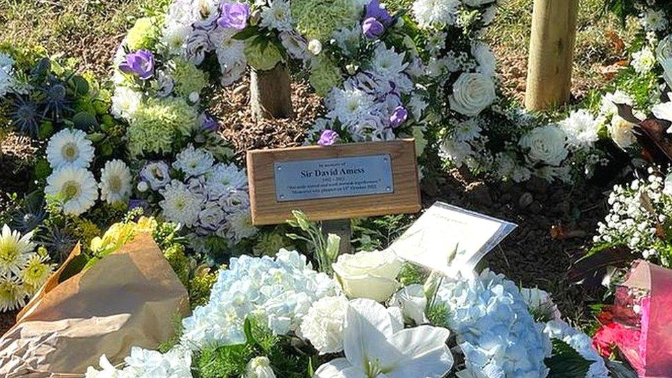 Floral tributes laid at the foot of a tree planted on the anniversary of Sir David Amess' murder