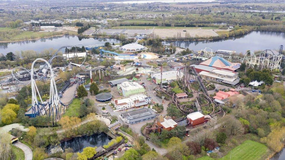 An aerial view of an empty Thorpe Park