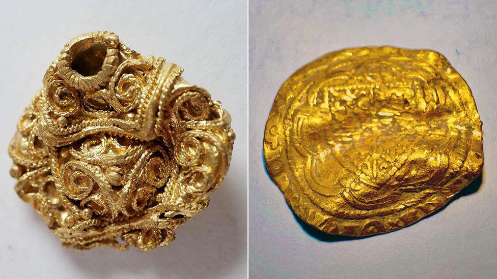 Decorative gold pin head and hammered gold coin