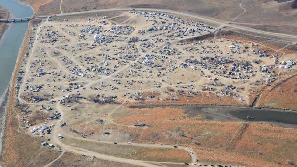 An aerial photo of the Oceti Sakowin camp before the snow, published by the Morton County police.