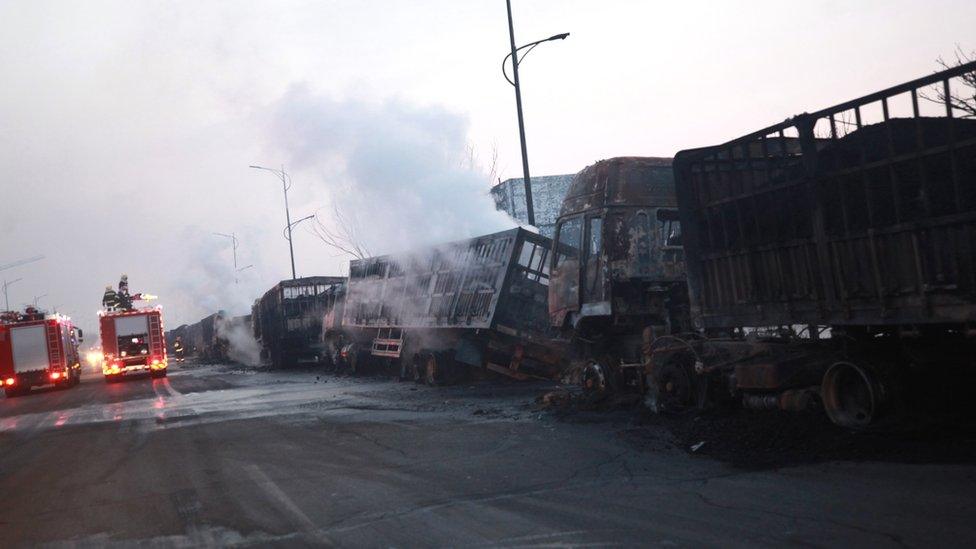 Burnt out cars in Zhangjiakou on 28 November 2018