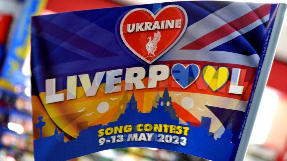 Unofficial Eurovision Song Contest flag in a souvenir shop in Liverpool, 18 April 2023