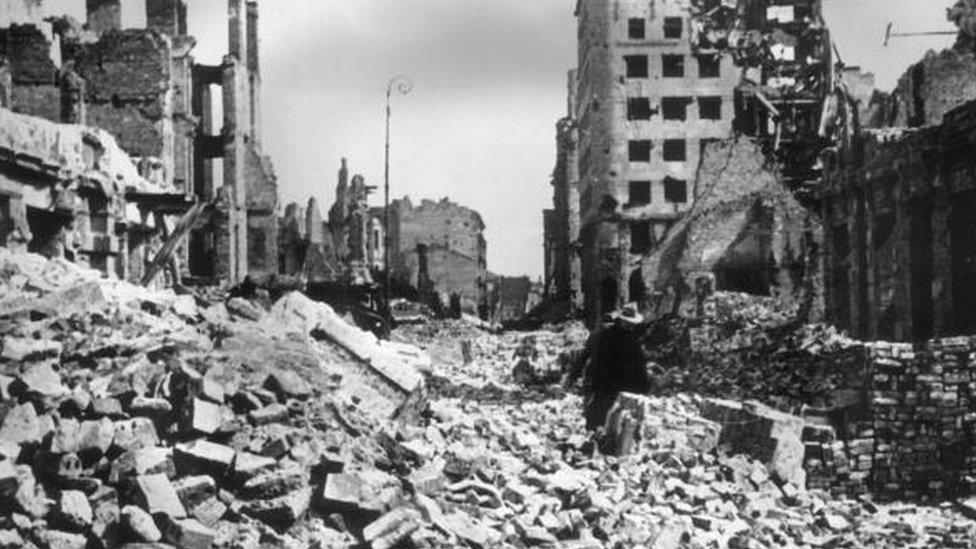 A view of rubble and ruined buildings covering the streets after the German bombing of Warsaw, Poland