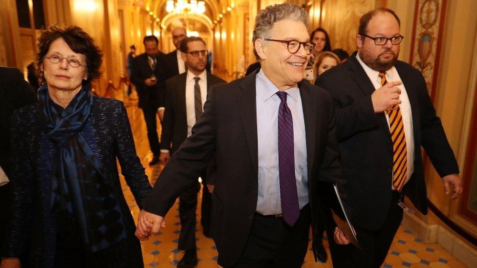 Mr Franken arrived at the Capitol holding hands with his wife