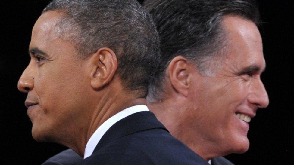 US President Barack Obama greets Republican presidential candidate Mitt Romney following the third and final presidential debate at Lynn University in Boca Raton, Florida, on 22 October 2012.