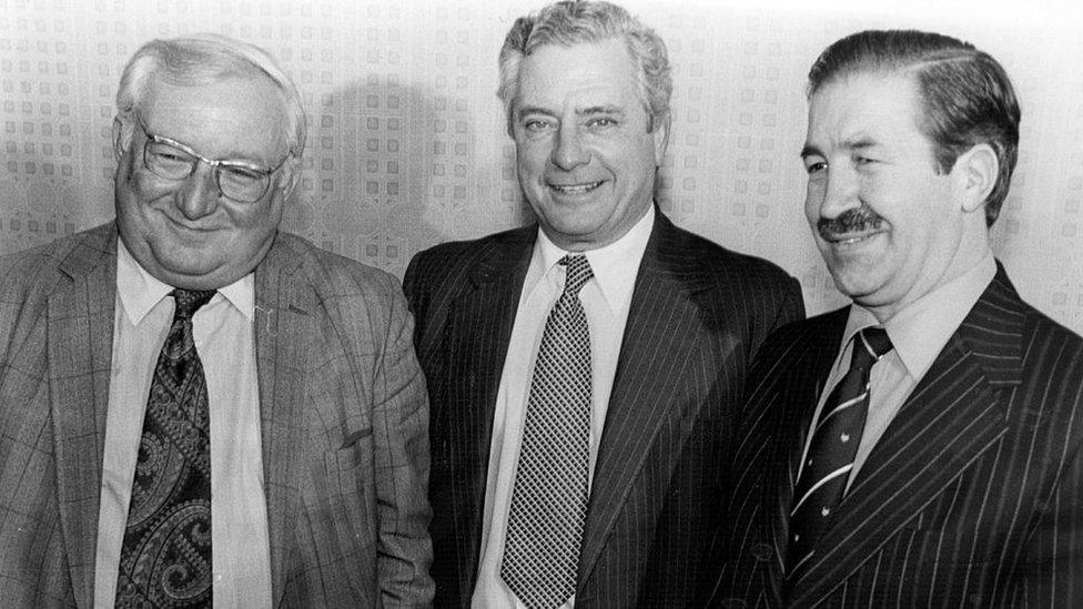 Assistant Chief Constable George Oldfield, Chief Constable Ronald Gregory and acting assistant Chief Constable Jim Hobson following the arrest of Peter Sutcliffe