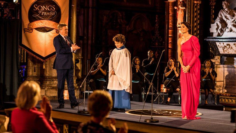 Aled Jones and Laura Wright during the Songs of Praise 60th anniversary special programme at Westminster Abbey.