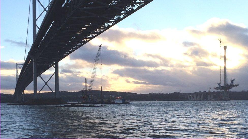 A floating barge carrying an elevated inspection platform which has arrived at the scene of the Forth Bridge Repair