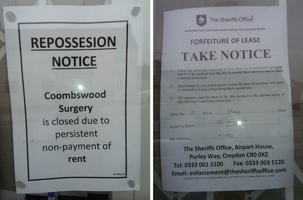 Signs in the windows of Coombswood Surgery