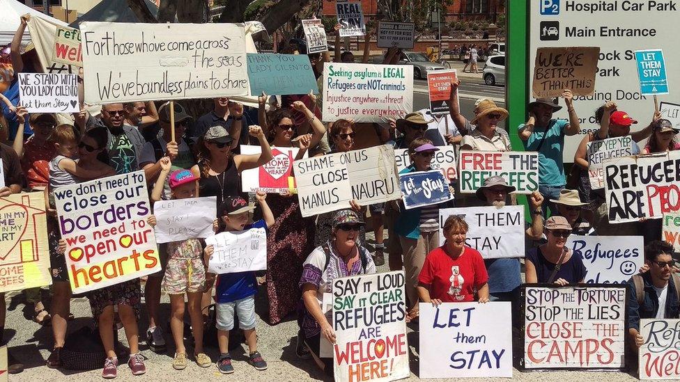 Asylum-seeker advocates gather outside Brisbane's Lady Cilento Children's Hospital in Brisbane, Australia, on 21 February, 2016