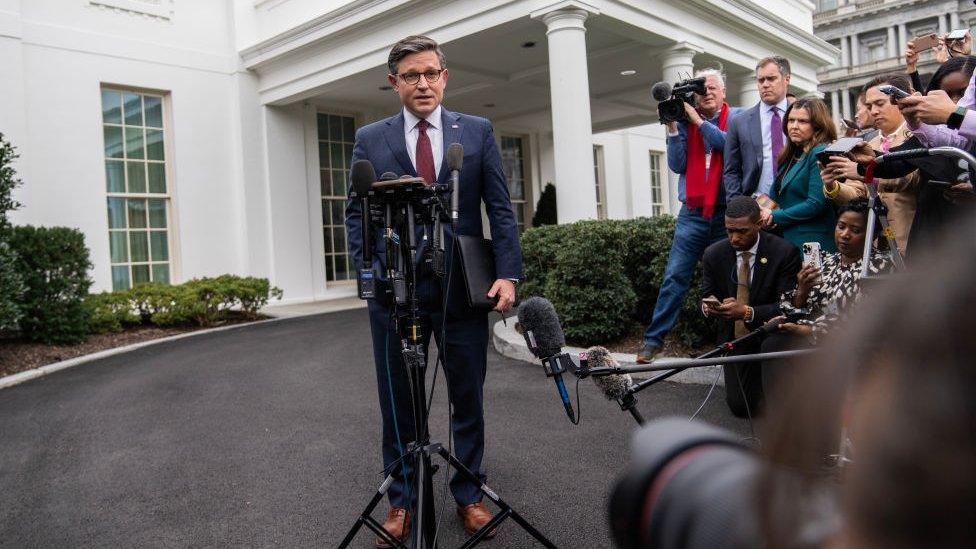 Republican House Speaker Mike Johnson speaks to reporters outside the White House following Tuesday's meeting