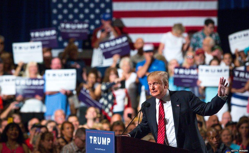 Republican Presidential candidate Donald Trump addresses supporters during a political rally at the Phoenix Convention Center on July 11, 2015 in Phoenix, Arizona