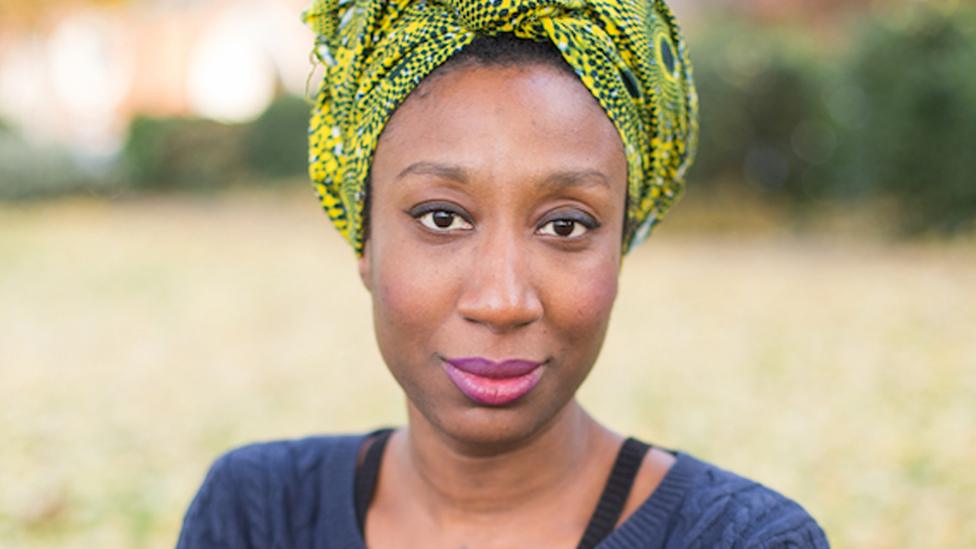 Nephertiti Schandorf in a patterned headscarf