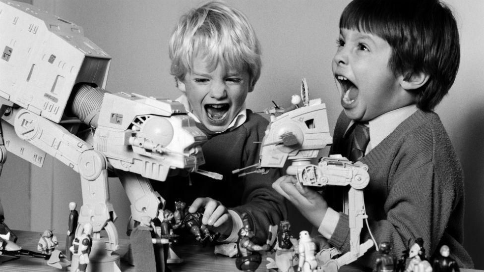 Two boys playing with their Star Wars toys in 1983.