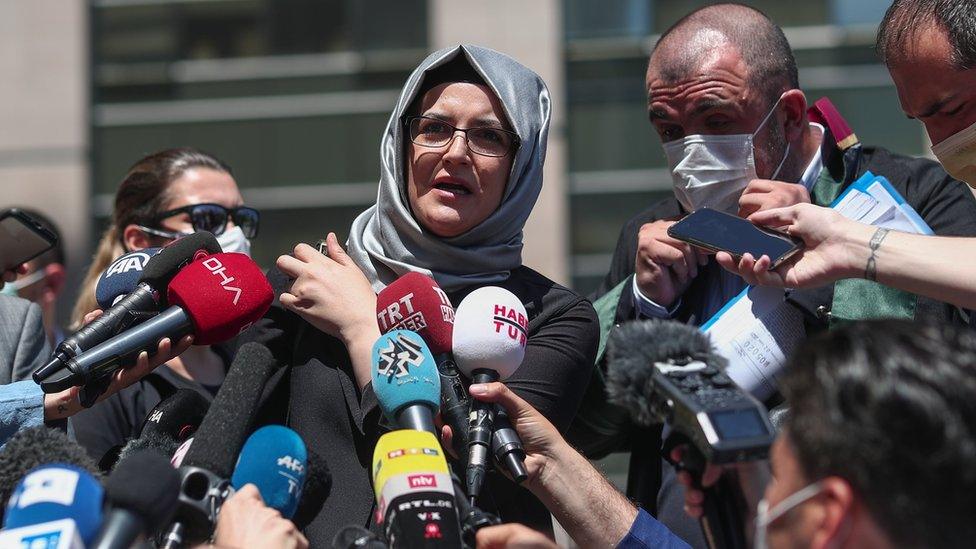 Hatice Cengiz speaks to journalists in Istanbul on 3 July 2020