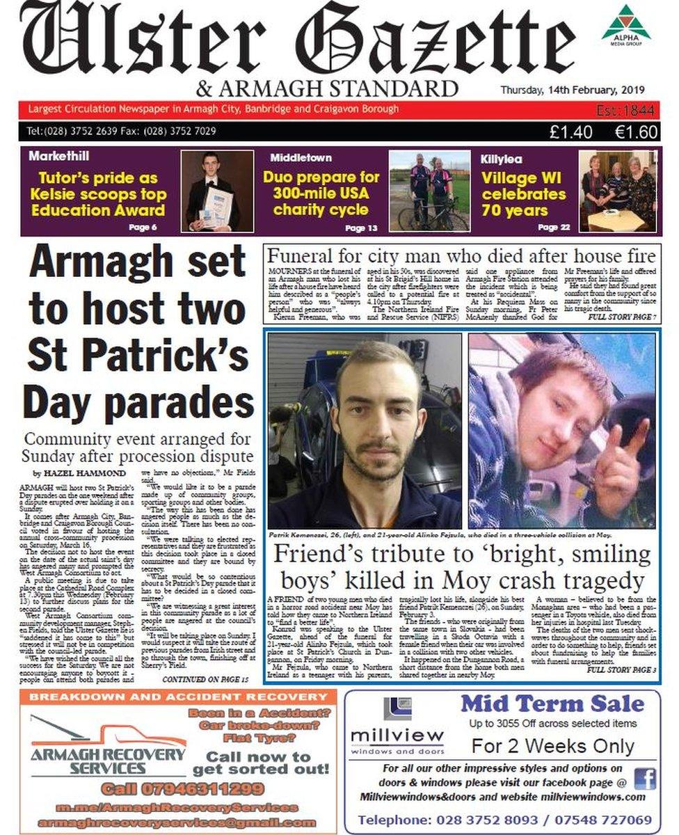 front page Ulster Gazette Thursday 14 February 2019