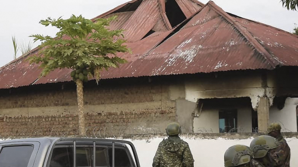 Uganda security forces at the Mpondwe Lhubiriha Secondary School on 17 June