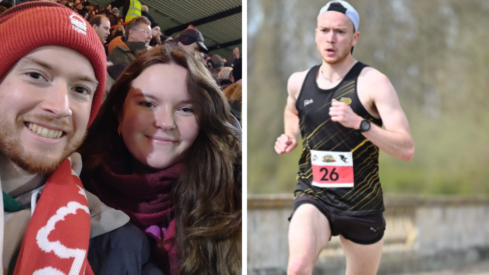 A compsite image with a man in a Forest hat and scarf with a woman on the left. The same man in running gear is on the right.