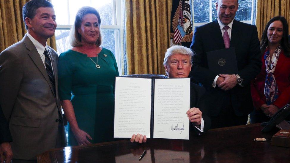 US President Donald Trump signs an order asking for review of Dodd-Frank