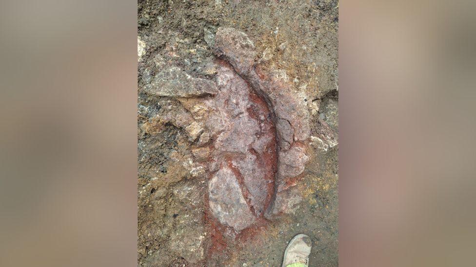 A top down photo of patterned stone from an archaeological dig. A broken stone pattern of a light orange colour is pictured surrounded by rock of a lighter stone colour, vaguely resembling a top down view of a stone fireplace.