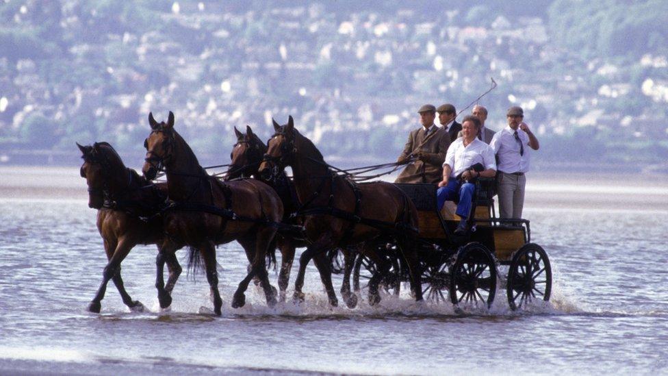 Prince Philip competes in the Holker Hall Carriage Driving Trials across Morecombe Bay on May 30, 1985