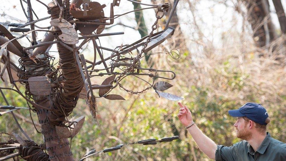 Prince Harry, the Duke of Sussex, views a tree sculpture made from snares recovered by park rangers as he dedicates Liwonde National Park and the adjoining Mangochi Forest to the Queen's Commonwealth Canopy, in Liwonde, Malawi, 30 September 2019.