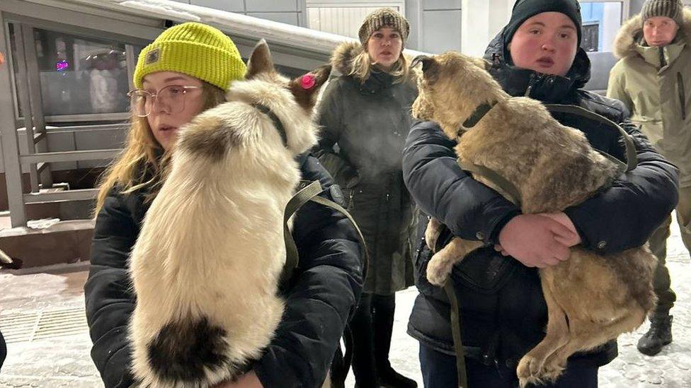 Animal activists carrying stray dogs in Ulan-Ude, Siberia