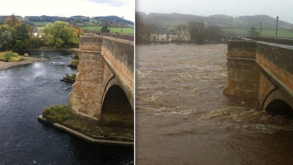 Two shots of the Tyne at Corbridge before yesterday and during the flooding