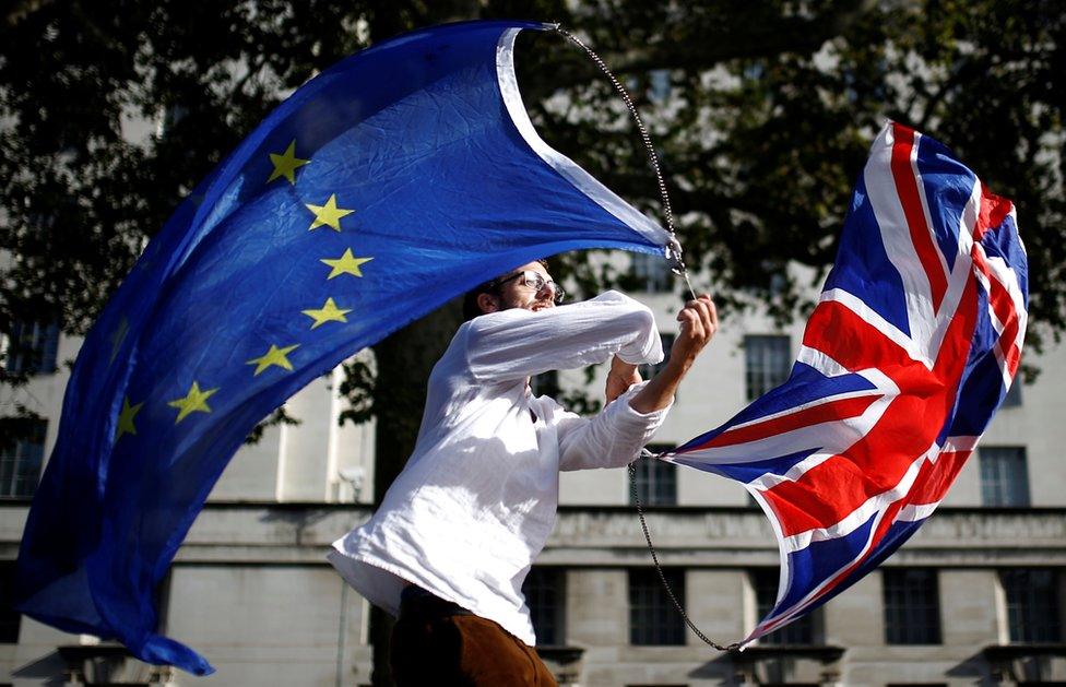 A man waves EU and union flags at Westminster in London