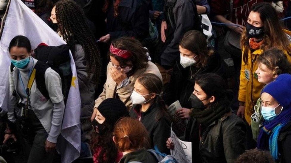 Greta Thunberg and other demonstrators during the Fridays for Future Scotland