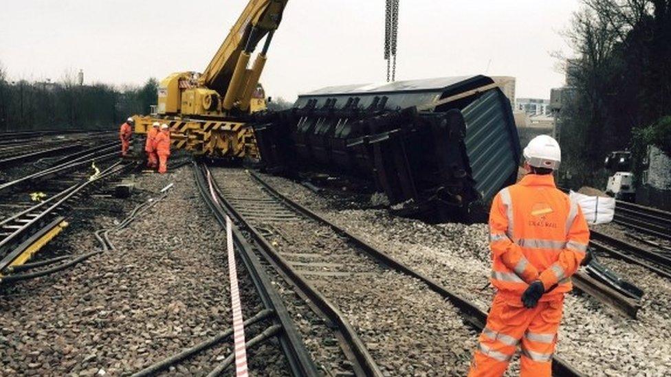 Derailed freight train