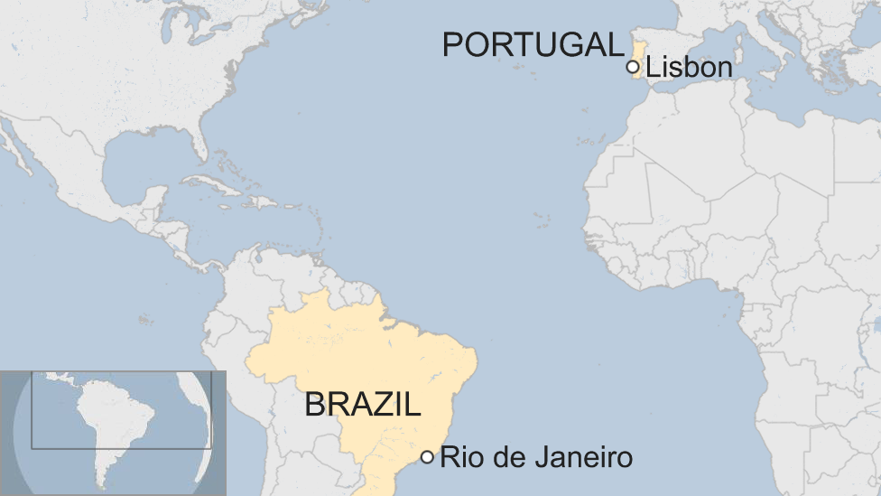 A map showing where Rio de Janeiro and Lisbon are