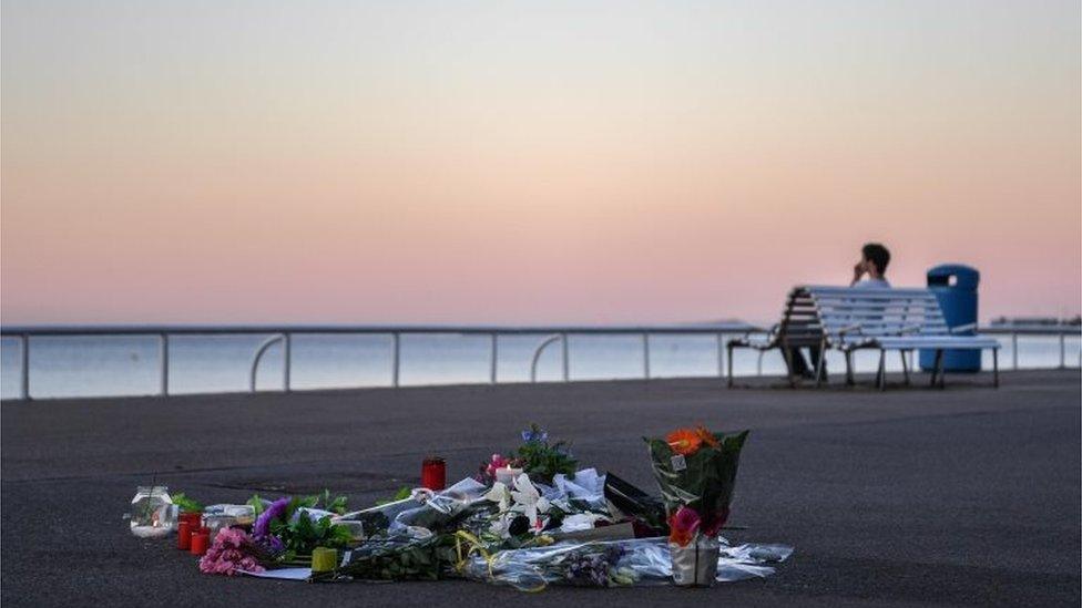 Flowers laid in honour of those killed in the recent attack in Nice, France