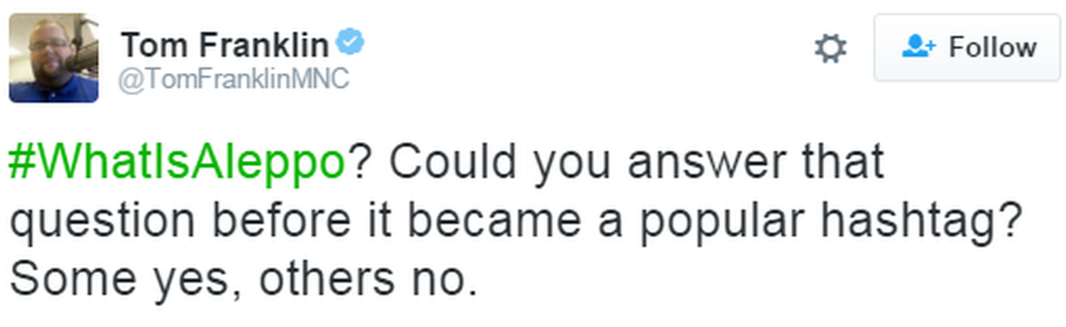 A tweet reads: #WhatIsAleppo? Could you answer that question before it became a popular hashtag? Some yes, others no.