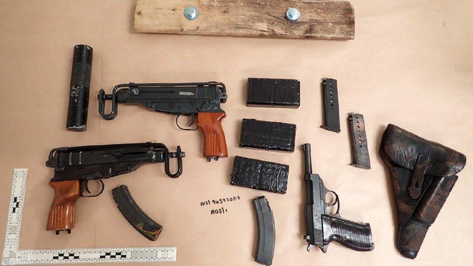 Guns and ammunition discovered by police when they arrested Barbary and Maynard